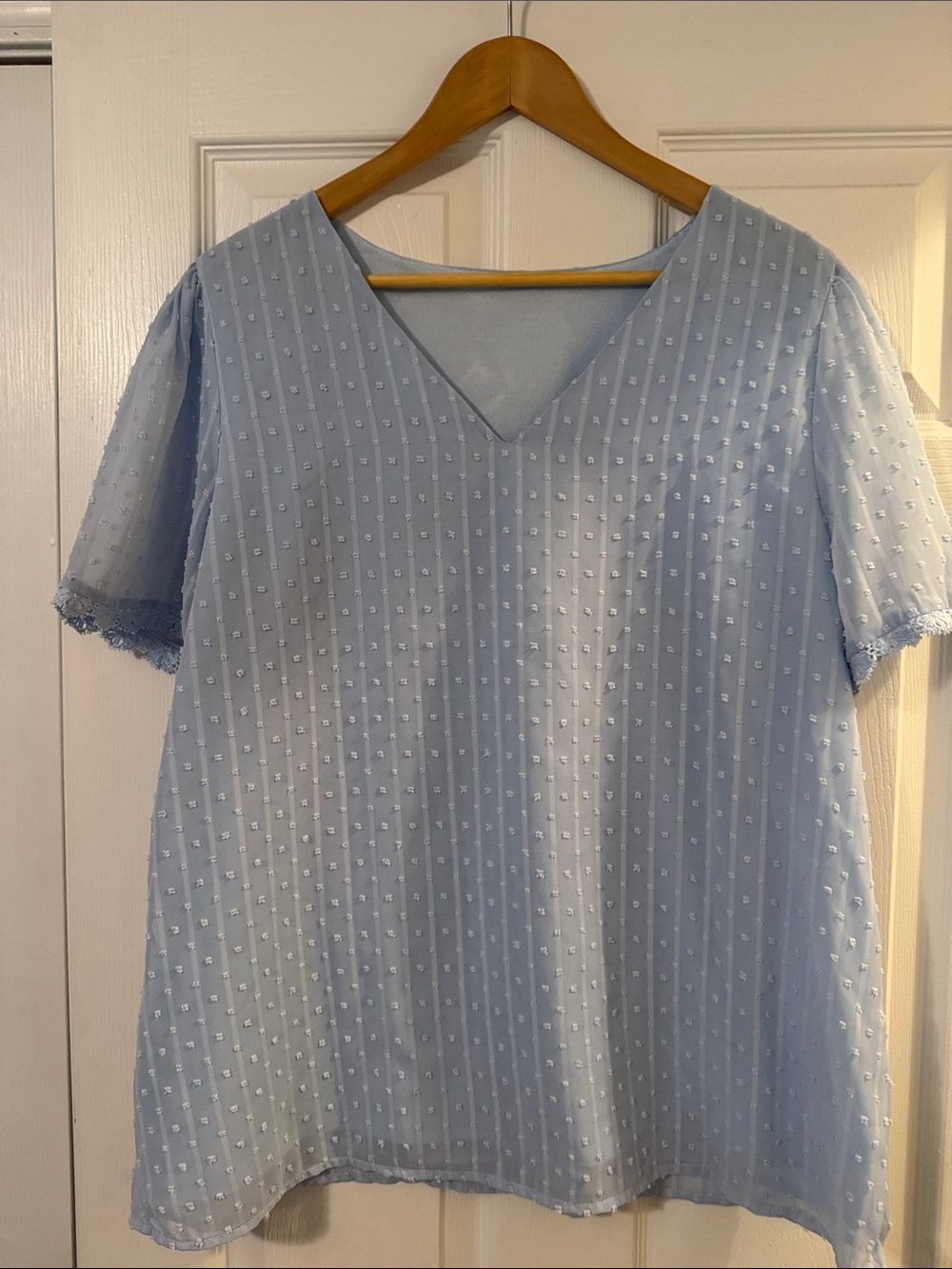 CeCe Light Blue V-Neck Swiss Dot Short Sleeve Blouse